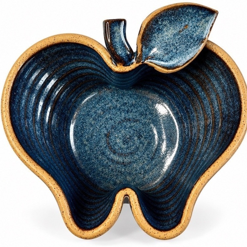 VTG 1994 Studio Pottery Apple Bowl Hand Thrown Blue Glaze Signed Organic Modern